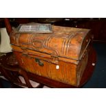 AN EARLY 20TH CENTURY TIN TRUNK, together with a coca cola pub mirror (2)