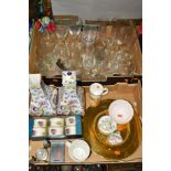 TWO BOXES OF GLASSWARES, CERAMICS etc, to include boxed set six Royal Worcester ramekins, pair