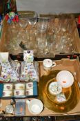 TWO BOXES OF GLASSWARES, CERAMICS etc, to include boxed set six Royal Worcester ramekins, pair