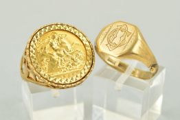 A 9CT GOLD SIGNET RING AND A 9CT GOLD SOVEREIGN RING, the signet ring with engraved monogram and