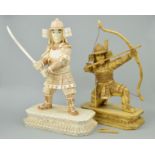 TWO BONE SAMURAI FIGURES ON BASES, one with Samurai sword other with bow and arrows, both on