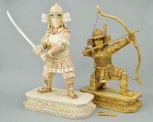 TWO BONE SAMURAI FIGURES ON BASES, one with Samurai sword other with bow and arrows, both on