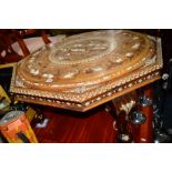 AN EARLY 20TH CENTURY OCTAGONAL ROSEWOOD AND INLAID AFRICAN COFFEE TABLE, the top and legs inlaid