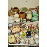 TWO BOXES CERAMICS, GLASS, COLLECTORS DOLL etc, to include a pair of small vaseline glass dishes,