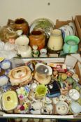 TWO BOXES CERAMICS, GLASS, COLLECTORS DOLL etc, to include a pair of small vaseline glass dishes,