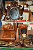 TWO BOXES OF SUNDRIES, to include sewing box, ordnance survey maps, novelty shaped metal mirror,