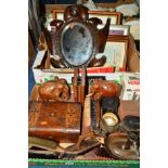 TWO BOXES OF SUNDRIES, to include sewing box, ordnance survey maps, novelty shaped metal mirror,