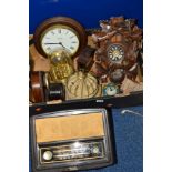 VARIOUS CLOCKS, A BUSH BAKELITE RADIO etc, to include Black Forest cuckoo clock, with weights (