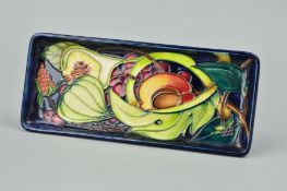 A MOORCROFT POTTERY RECTANGULAR PIN TRAY, Fig and Fruit pattern, impressed and painted backstamp,