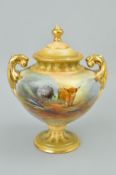 AN S.FIELDING & CO CROWN DEVON EARTHENWARE TWIN HANDLED COVERED VASE, Highland cattle scene by G.