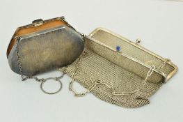 TWO PURSES, the first a mesh purse with hinged frame and kiss clasp set with blue glass to the chain