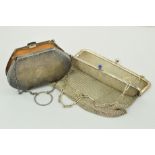 TWO PURSES, the first a mesh purse with hinged frame and kiss clasp set with blue glass to the chain