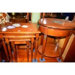 AN OVAL REPRODUCTION CHERRYWOOD OCCASIONAL TABLE with a single drawer and central diamond marble