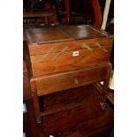 AN EDWARDIAN OAK CANTILEVER SEWING BOX on a stand with a single drawer and a stained pillor (2)