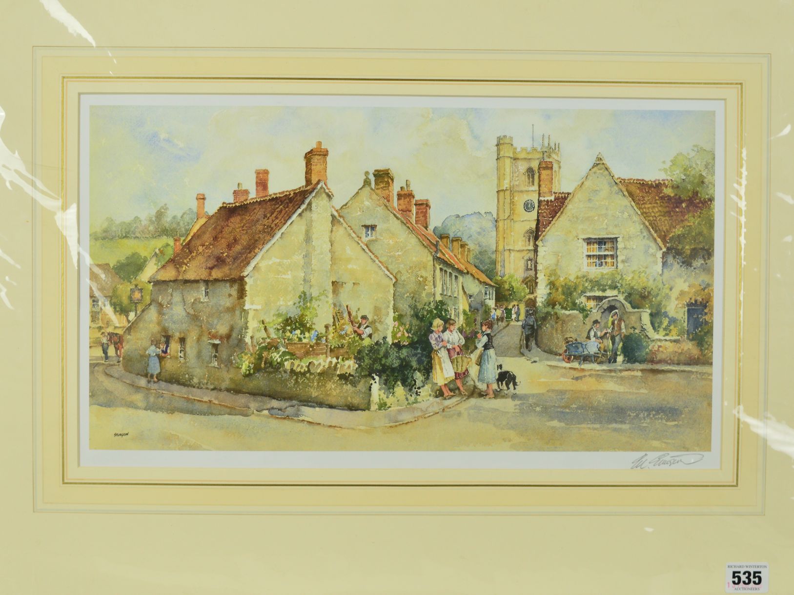 ERIC STURGEON, a signed print print of a village scene, mounted, unframed, approximate size 26cm x