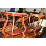 A MODERN MAHOGANY HALF MOON HALL TABLE, an oak drop leaf occasional table and an oak circular