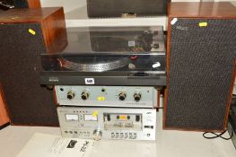A VINTAGE SONY PS-22 TURNTABLE, a Ferrograph Amplifier, a JVC KD21 Tape Deck and a pair of Celestion