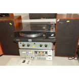 A VINTAGE SONY PS-22 TURNTABLE, a Ferrograph Amplifier, a JVC KD21 Tape Deck and a pair of Celestion