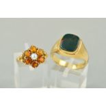 TWO 9CT GOLD GEM RINGS, the first a bloodstone signet ring, size U, the second a citrine and split