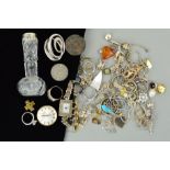 A SELECTION OF MAINLY SILVER AND WHITE METAL JEWELLERY to include a marcasite watch, loose charms, a