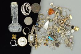 A SELECTION OF MAINLY SILVER AND WHITE METAL JEWELLERY to include a marcasite watch, loose charms, a