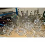 VARIOUS CUT/ETCHED GLASSWARES, to include decanters, one with silver collar, bowls, jugs etc