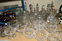 VARIOUS CUT/ETCHED GLASSWARES, to include decanters, one with silver collar, bowls, jugs etc