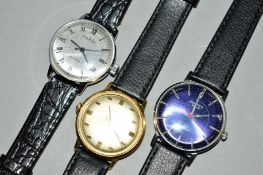 THREE GENTLEMEN'S WRISTWATCHES WITH BLACK LEATHER STRAPS, all with circular faces to include a