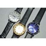 THREE GENTLEMEN'S WRISTWATCHES WITH BLACK LEATHER STRAPS, all with circular faces to include a