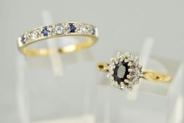 TWO 9CT GOLD GEM RINGS, the first a seven stone ring set with four circular sapphires and three