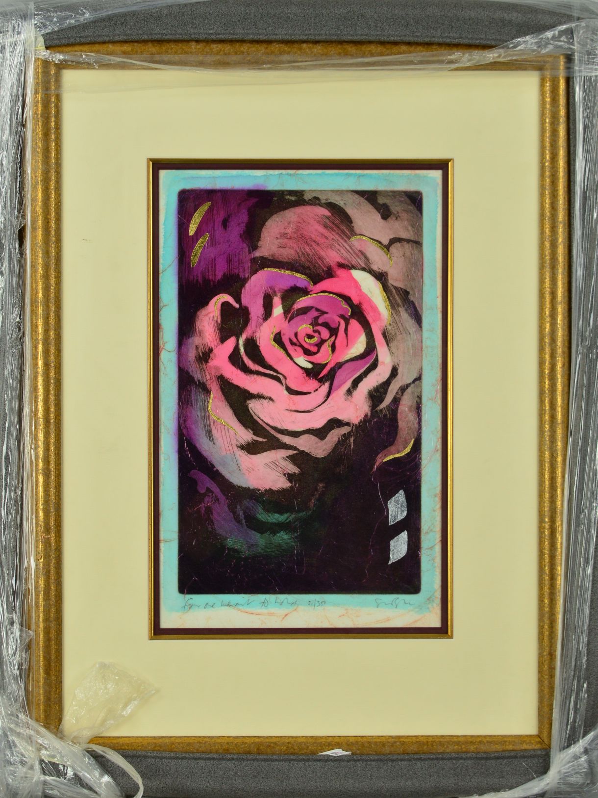 SIMON BULL 'FOR ONE HEART TO HOLD', a limited edition print of a rose 21/350, signed and titled in