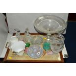 A SMALL GROUP OF GLASSWARES AND TWIN HANDLED TAPESTRY TRAY, to include an opalescent dish,