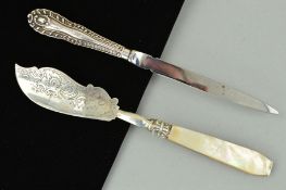 TWO KNIVES, the first a silver handled letter opening, silver hallmark for Sheffield 1990, the