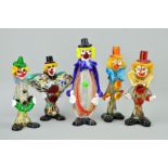 FIVE MURANO GLASS CLOWNS, height of the tallest 28cm