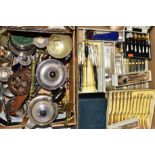 TWO BOXES OF SILVER PLATE etc, including tea wares, boxed, cased and loose cutlery and flatware