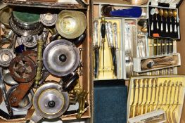 TWO BOXES OF SILVER PLATE etc, including tea wares, boxed, cased and loose cutlery and flatware