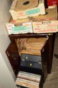 A MID CENTURY RECORD CABINET, containing a large quantity of 78's and three boxes and a case of 78's