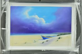 BEN PAYNE 'SUMMER HIDE AWAY I', a boat on a deserted beach, signed bottom left and verso, acrylic on