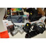 A TRAY OF CAMERA AND GAMING EQUIPMENT, including a Canon EOS 600 Film SLR with a Sigma 28-70mm f3.