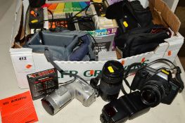 A TRAY OF CAMERA AND GAMING EQUIPMENT, including a Canon EOS 600 Film SLR with a Sigma 28-70mm f3.
