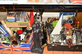 FIVE BOXES AND LOOSE SUNDRY ITEMS to include a reproduction Blunderbuss, board games and