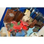 TWO WOODEN TOY ENGINES, a push-along horse, two mangles, display stands etc