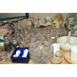 VARIOUS CUT GLASS, CERAMICS etc, to include silver rimmed salts, a ceramic pestle and mortar,