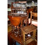 AN EDWARDIAN OAK BARLEY TWIST DROP LEAF OCCASIONAL TABLE, an oak occasional table and a magazine