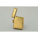 AN EARLY 20TH CENTURY 9CT GOLD VESTA CASE, of rectangular outline and plain design with engraved