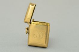 AN EARLY 20TH CENTURY 9CT GOLD VESTA CASE, of rectangular outline and plain design with engraved