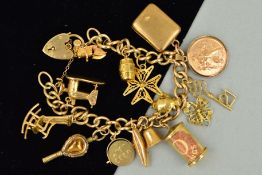 A MID TO LATE 20TH CENTURY CHARM BRACELET, plain polished curb links fitted to a padlock and