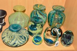 NINE PIECES OF MDINA GLASS, to include five vases with flared rims and paperweights some with