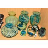 NINE PIECES OF MDINA GLASS, to include five vases with flared rims and paperweights some with