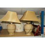 A PAIR OF TABLE LAMPS WITH SQUARE SHADES, various ceiling shades and a Hermle wall clock, with